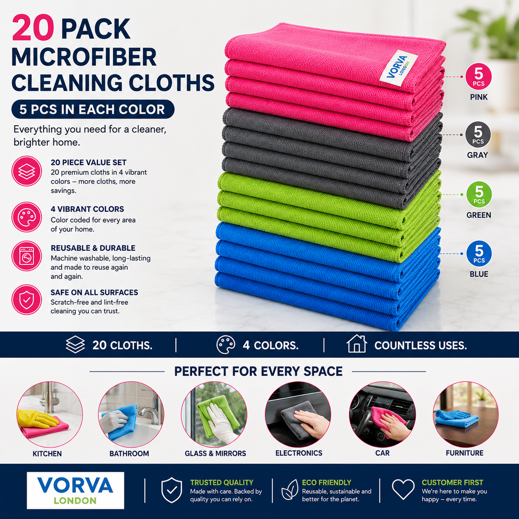 Premium Microfibre Cleaning Cloths & Microfiber Towels 20 Pack (40 x 40cm) Ultra Absorbent Lint Free, Streak Free, Reusable Multi Purpose Cloths for Kitchen, Car, Glass, Windows & Bathroom