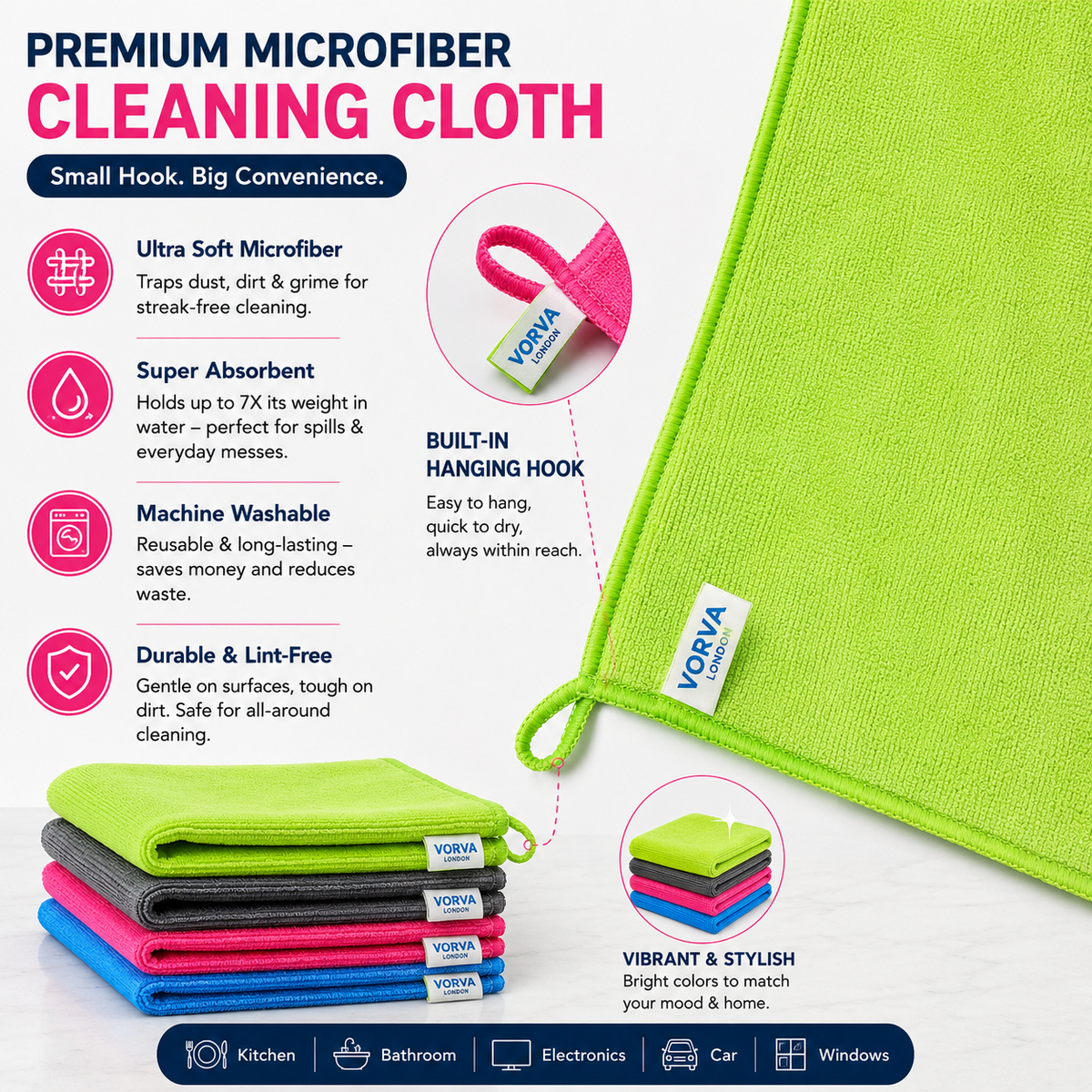 Premium Microfibre Cleaning Cloths & Microfiber Towels 20 Pack (40 x 40cm) Ultra Absorbent Lint Free, Streak Free, Reusable Multi Purpose Cloths for Kitchen, Car, Glass, Windows & Bathroom