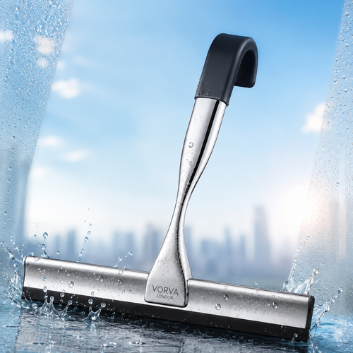 VORVA LONDON stainless steel shower squeegee with water splashing on a blue background