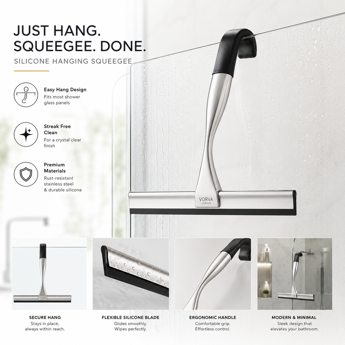 VORVA LONDON silicone hanging squeegee hooked on a glass shower panel, feature graphic