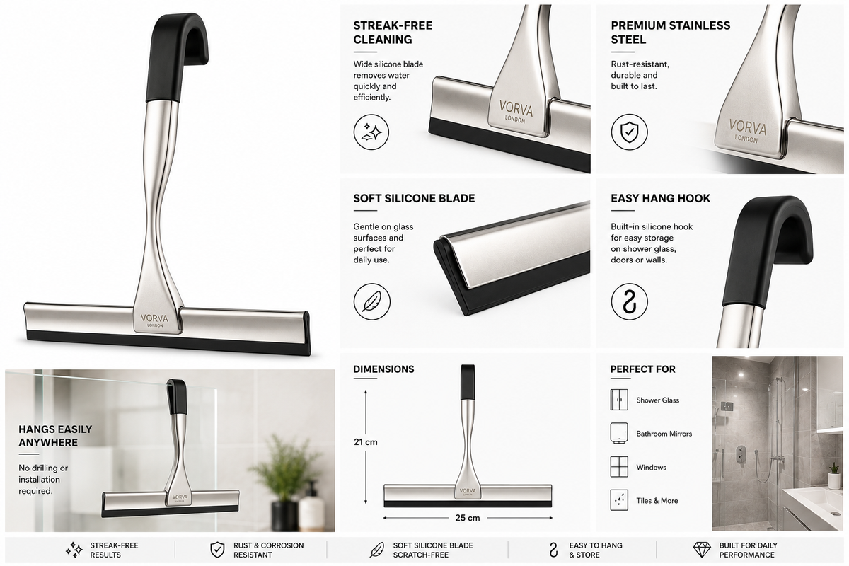 Graphic showing VORVA LONDON squeegee premium features and 25 by 21 centimetre dimensions