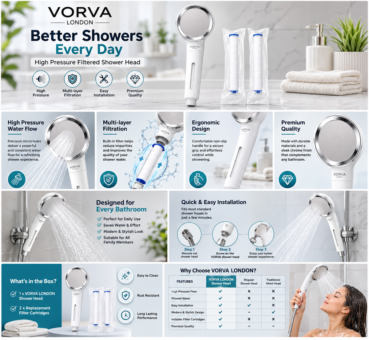 High Pressure Filtered Shower Head with 2 Extra Replacement Filters – Water Softener Shower Head, Universal Handheld Shower Head, Chlorine Removal Filter, Easy Installation, White