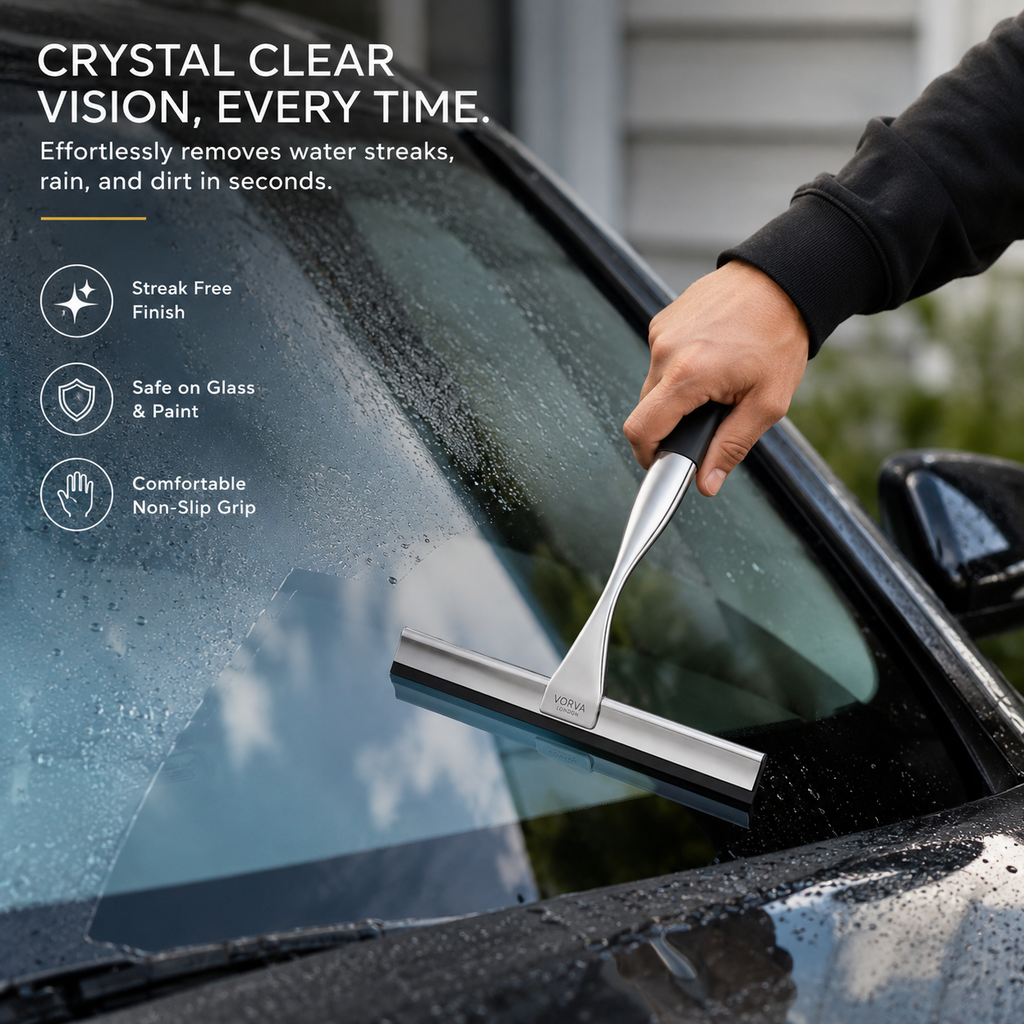 VORVA LONDON squeegee being used to clean a car window, streak-free finish graphic