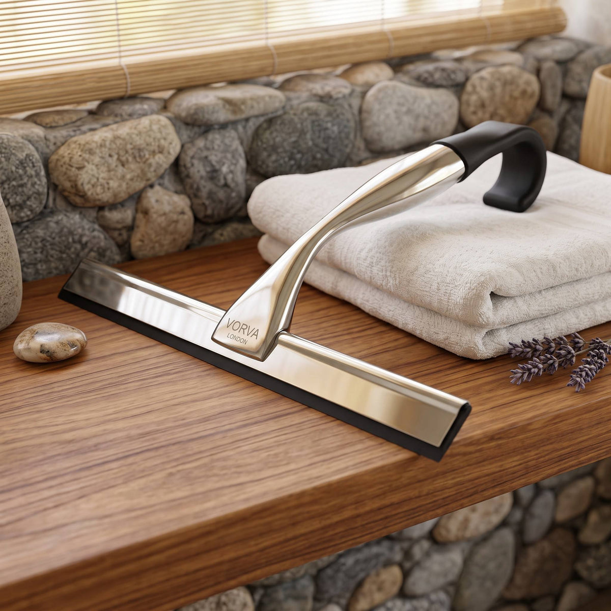 VORVA LONDON shower squeegee resting on a wooden bathroom counter with folded towels