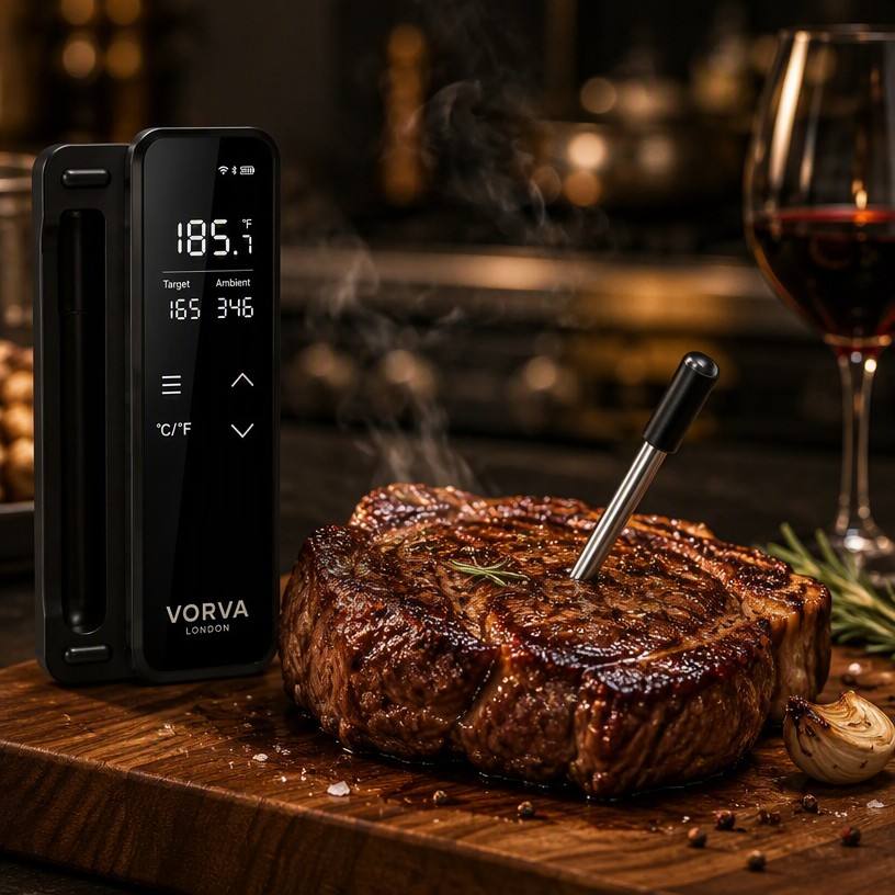 Wireless Meat Thermometer WiFi & Bluetooth Smart BBQ Thermometer with Mobile App, Digital Food Thermometer with Large LCD Display, BBQ Presets, Temperature History and Magnetic Attachment
