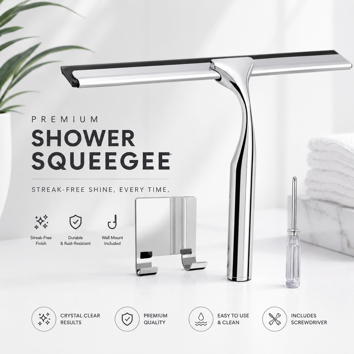 Stainless Steel Shower Squeegee with Adhesive Hook - 10 Inch All-Purpose Glass & Window Squeegee