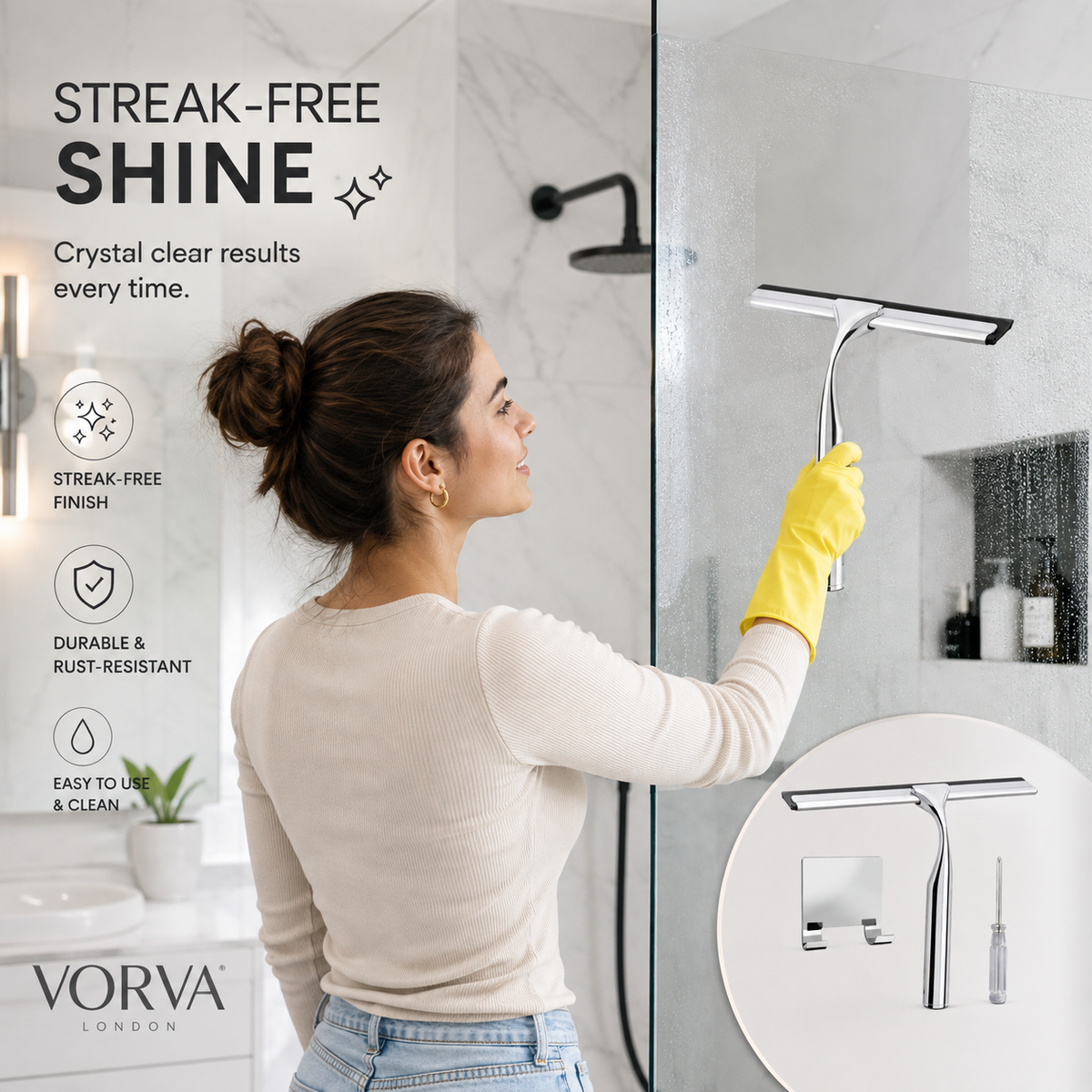 Stainless Steel Shower Squeegee with Adhesive Hook - 10 Inch All-Purpose Glass & Window Squeegee