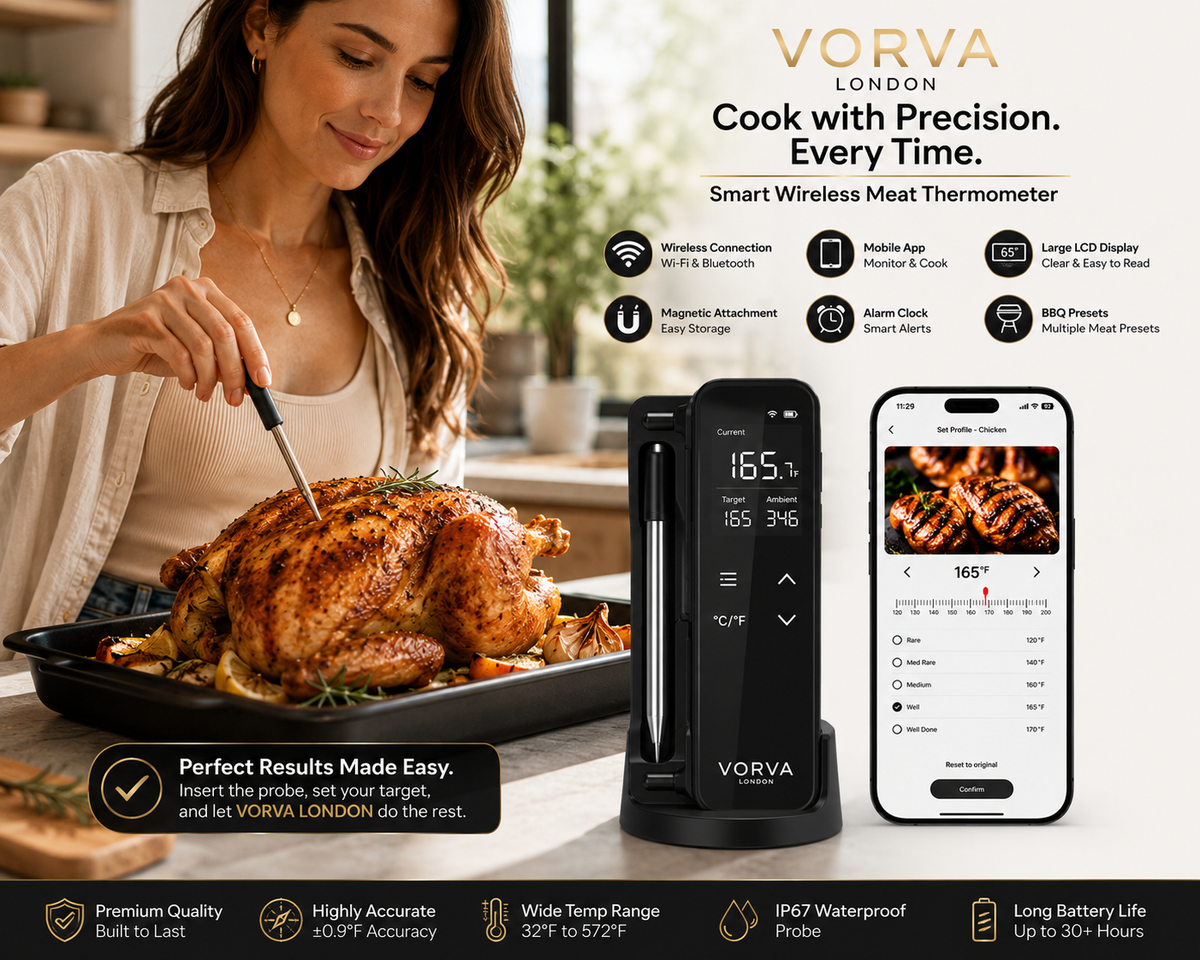 Wireless Meat Thermometer WiFi & Bluetooth Smart BBQ Thermometer with Mobile App, Digital Food Thermometer with Large LCD Display, BBQ Presets, Temperature History and Magnetic Attachment