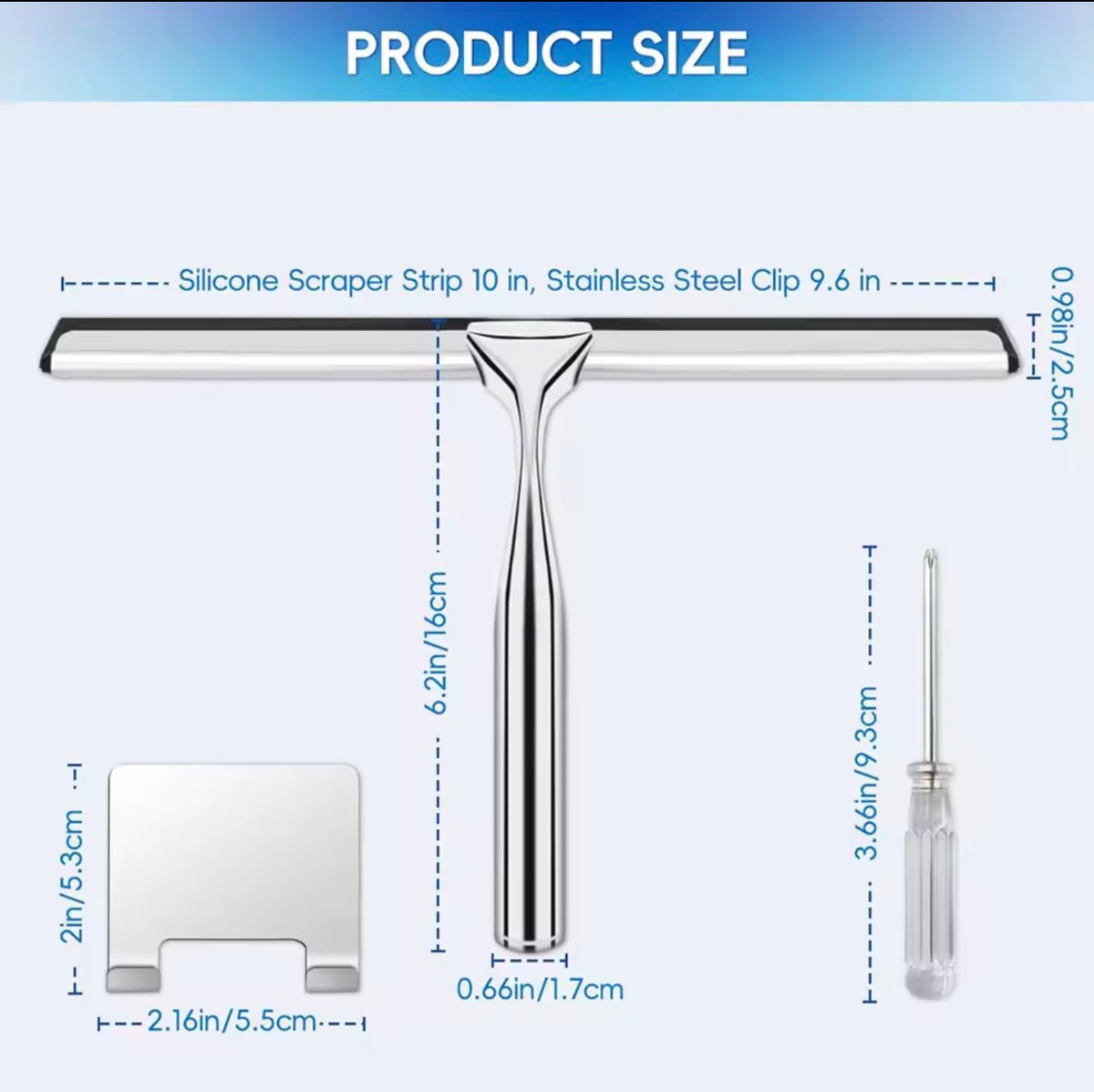 Stainless Steel Shower Squeegee with Adhesive Hook - 10 Inch All-Purpose Glass & Window Squeegee