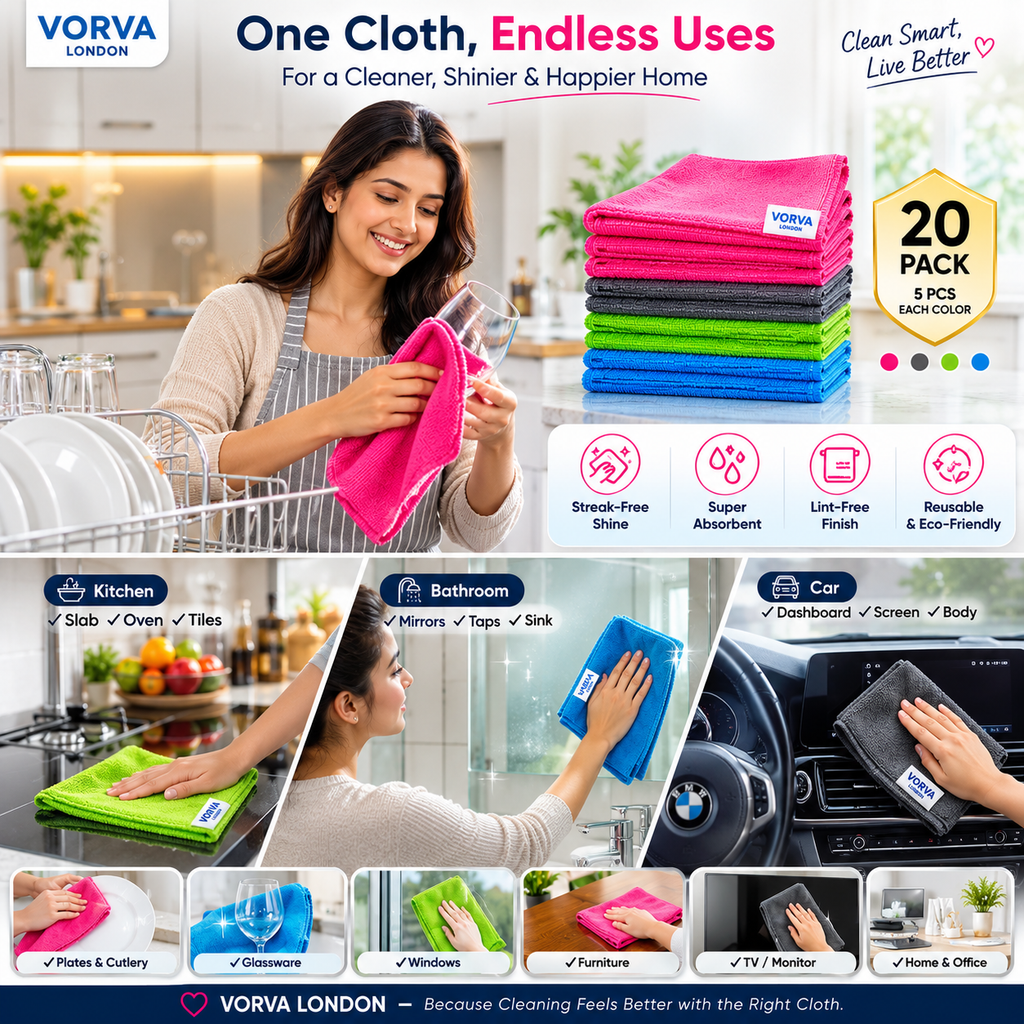 Premium Microfibre Cleaning Cloths & Microfiber Towels 20 Pack (40 x 40cm) Ultra Absorbent Lint Free, Streak Free, Reusable Multi Purpose Cloths for Kitchen, Car, Glass, Windows & Bathroom