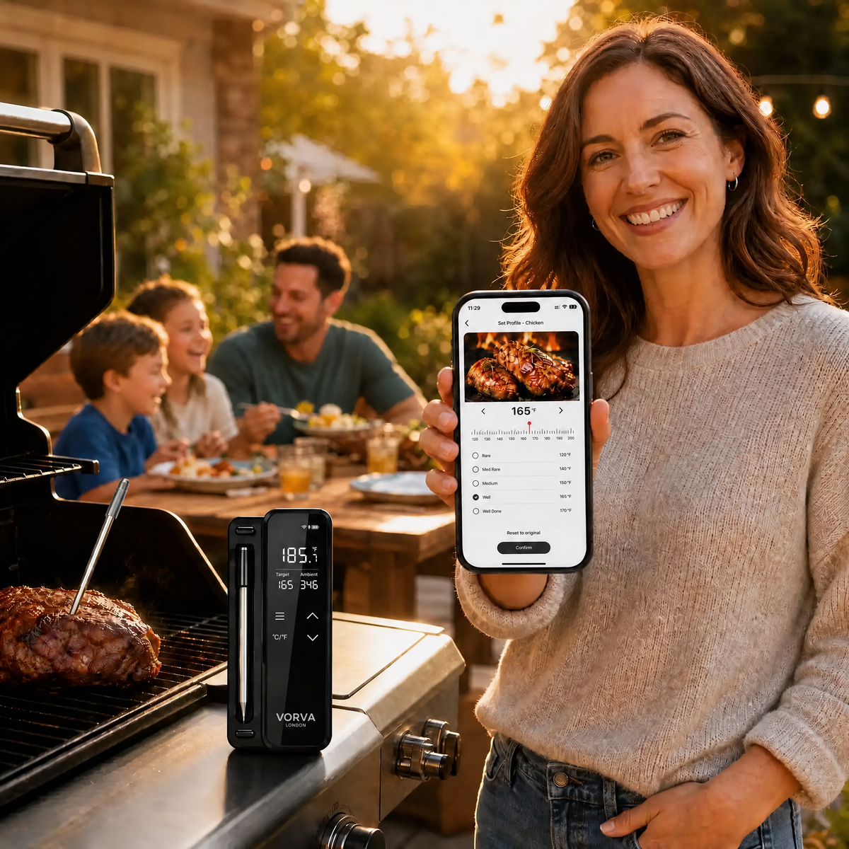 Wireless Meat Thermometer WiFi & Bluetooth Smart BBQ Thermometer with Mobile App, Digital Food Thermometer with Large LCD Display, BBQ Presets, Temperature History and Magnetic Attachment