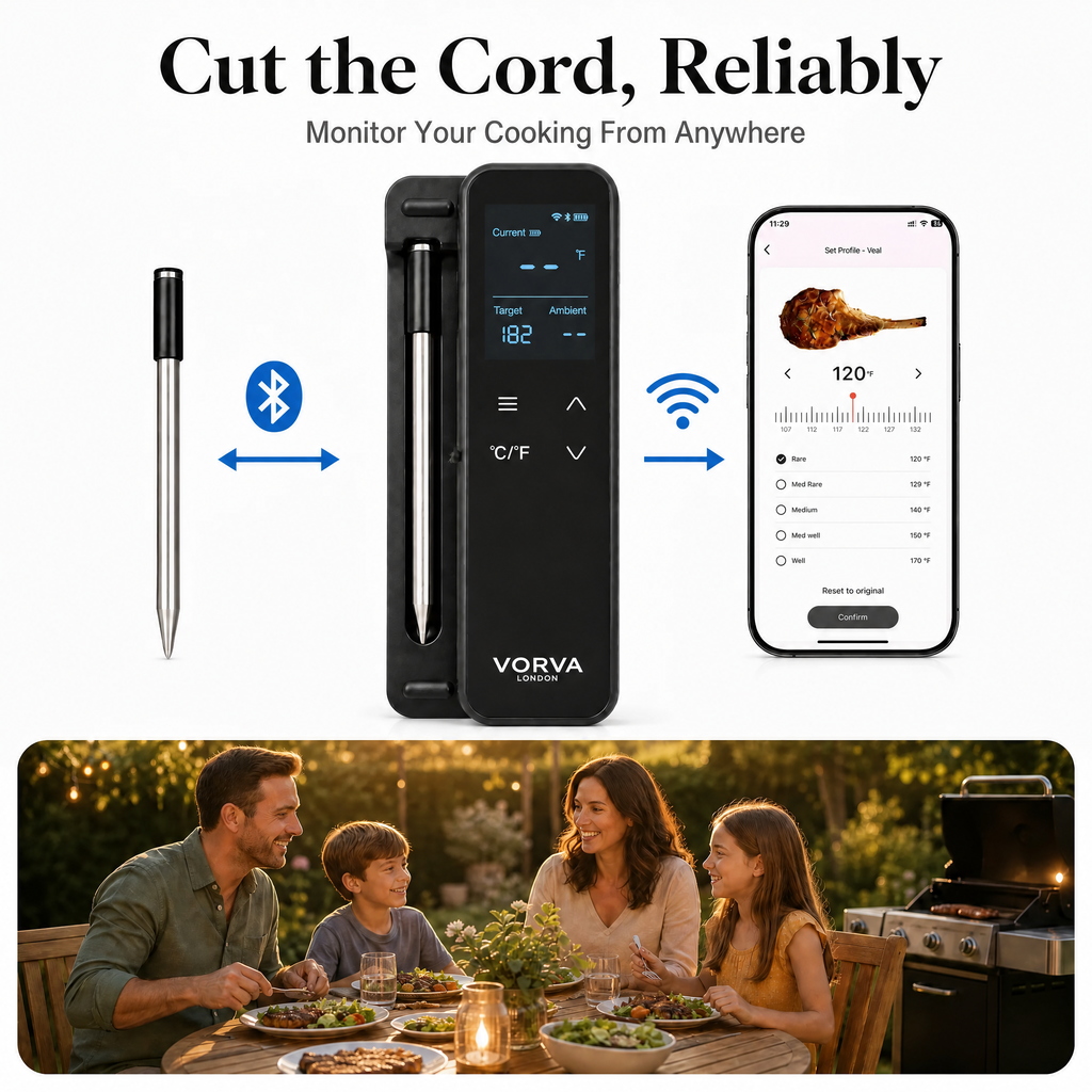 Wireless Meat Thermometer WiFi & Bluetooth Smart BBQ Thermometer with Mobile App, Digital Food Thermometer with Large LCD Display, BBQ Presets, Temperature History and Magnetic Attachment